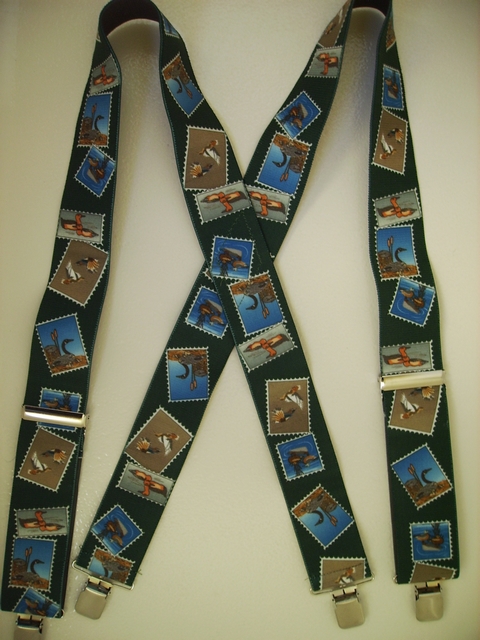 DUCK STAMPS GREEN 2"X48" Suspenders with 4 strong 1"x 1" Stainless Steel Grips and 2 Secure Stainless Steel Length Adjusters in the front. .UA220N48DSGN